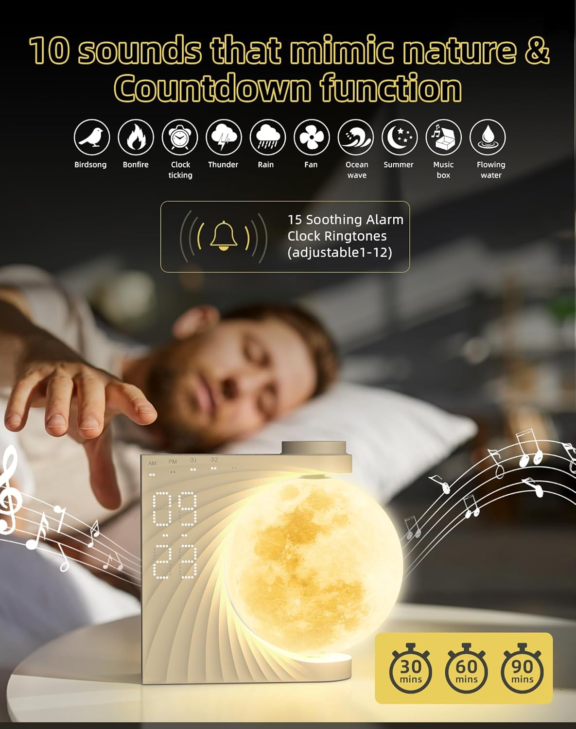 Colorful Moon Light Sunrise Alarm Clock Wake-Up Breathing Light 3-Speed Dimming Dual Alarm Sound Machine 10 Nature Sounds 8 Colors